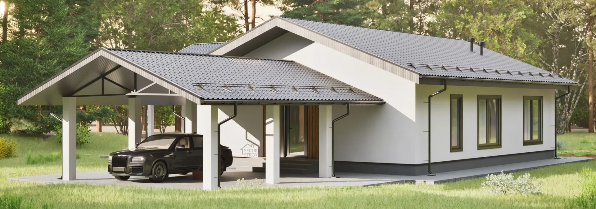 Одноэтажный современный дом с навесом для автомобиля SS-152