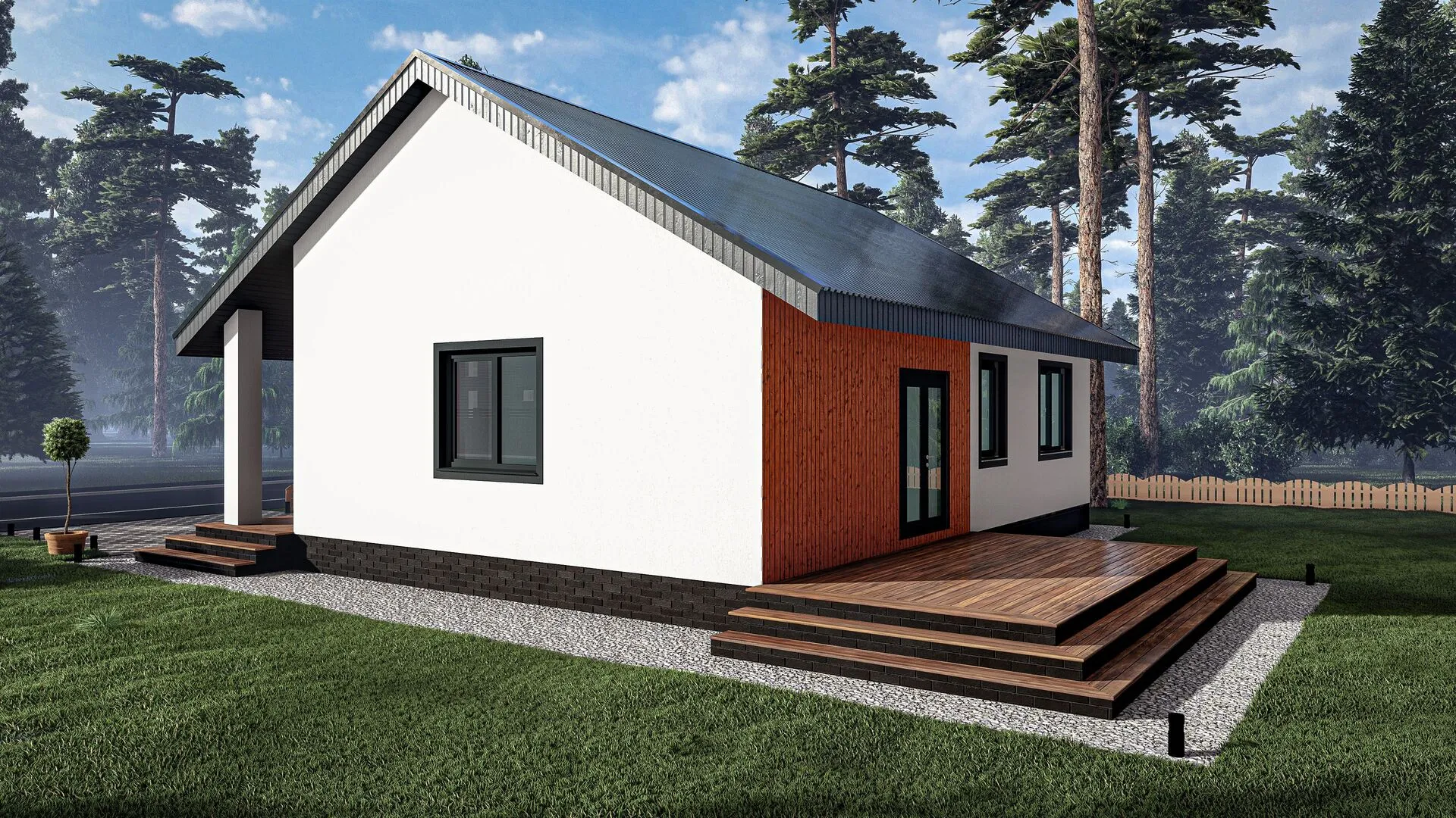 Одноэтажный дом с двумя спальнями и крыльцом