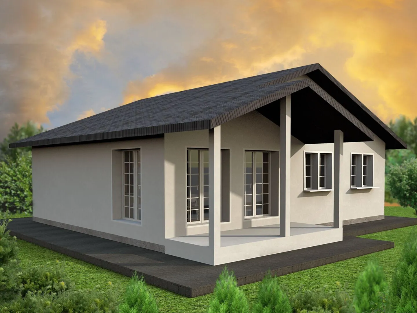 Одноэтажный дом из арболита с террасой