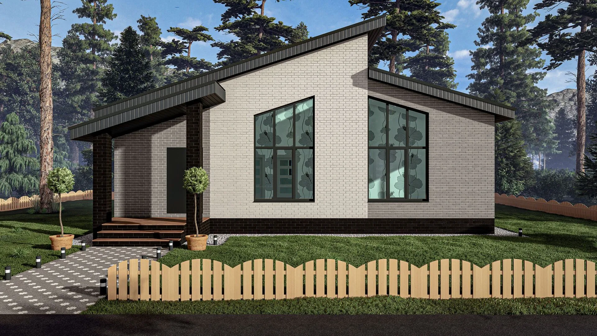 Кирпичный дом с односкатной кровлей