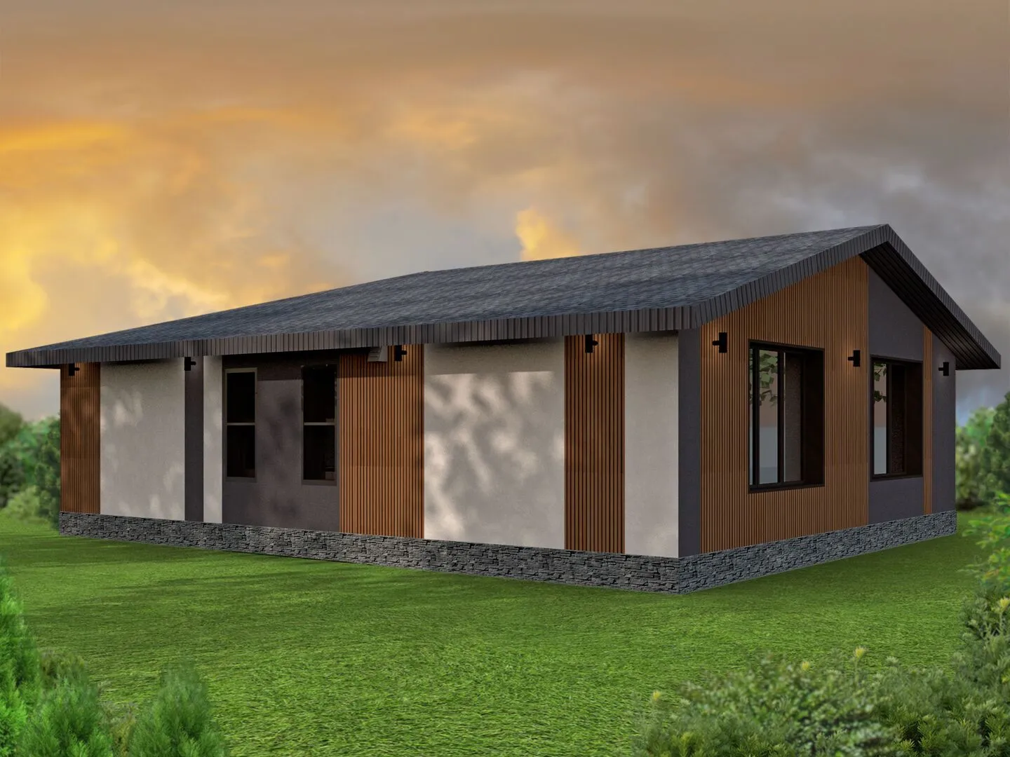 Одноэтажный угловой дом из арболита с террасой- Подольск