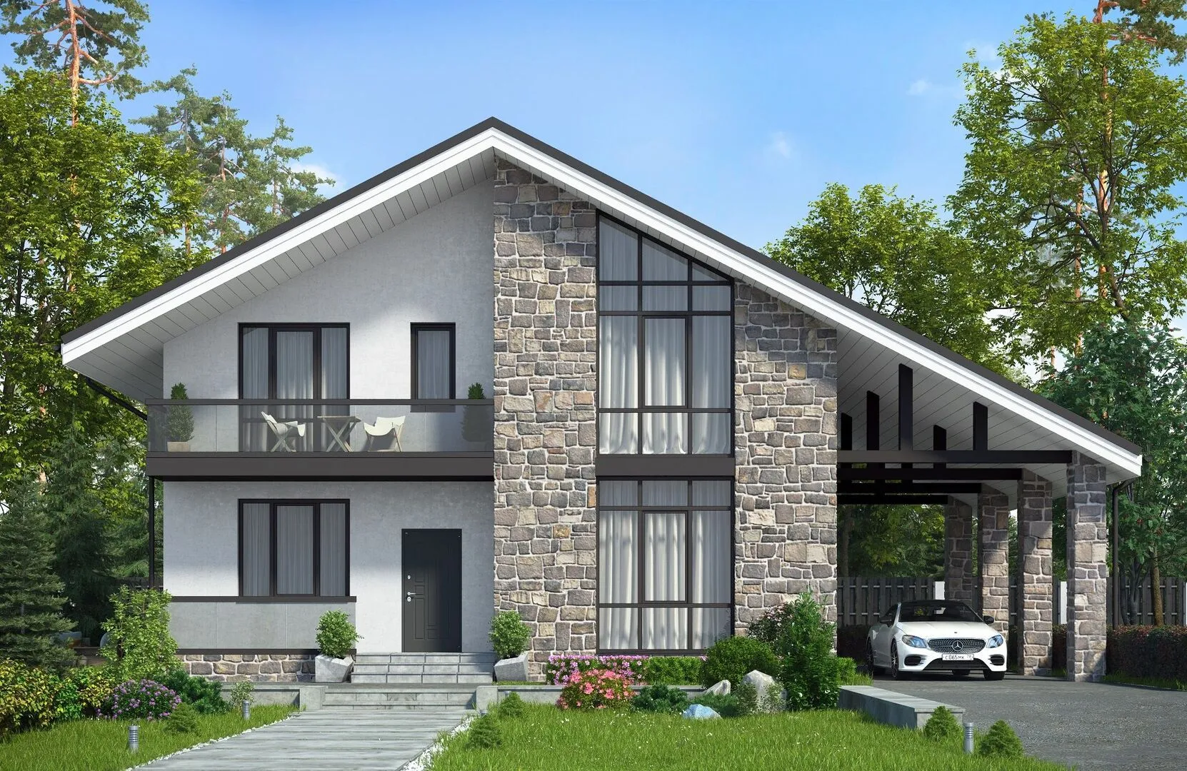 Современное шале с навесом для 2х машин №247