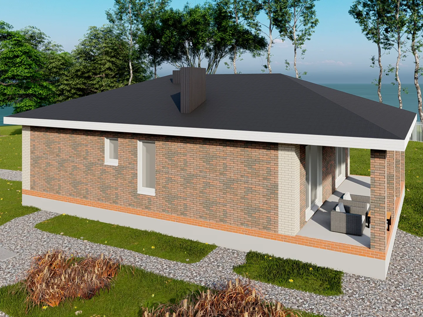 Одноэтажный дом с крыльцом и террасой