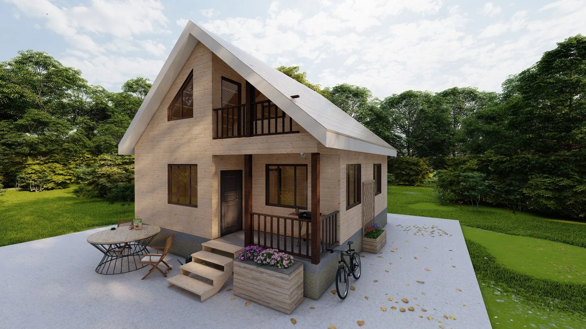 Дом из бруса 8 на 8,5 в два этажа с террасой и балконом