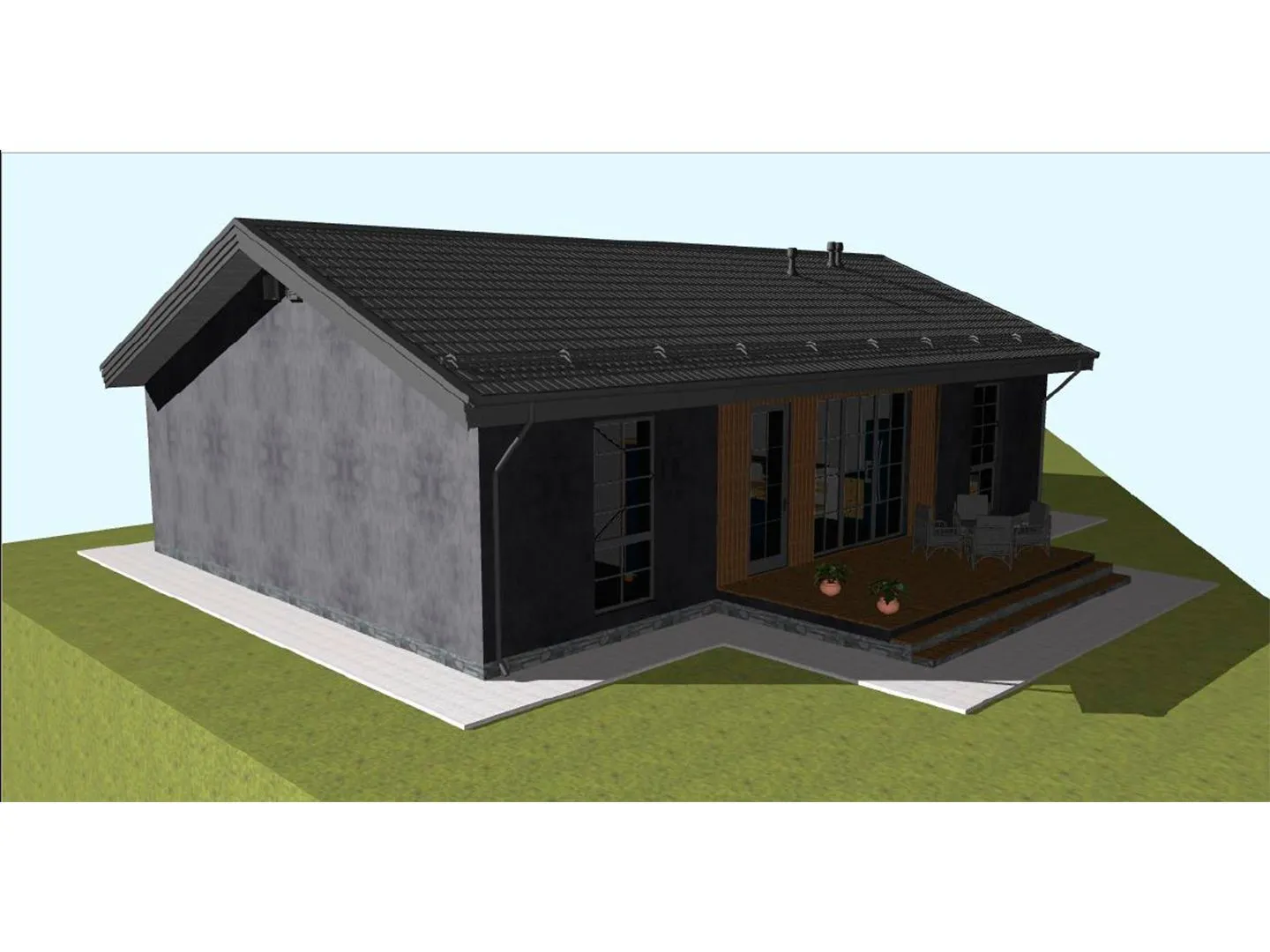 Загородный одноэтажный дом с двускатной кровлей GSB-1F-122