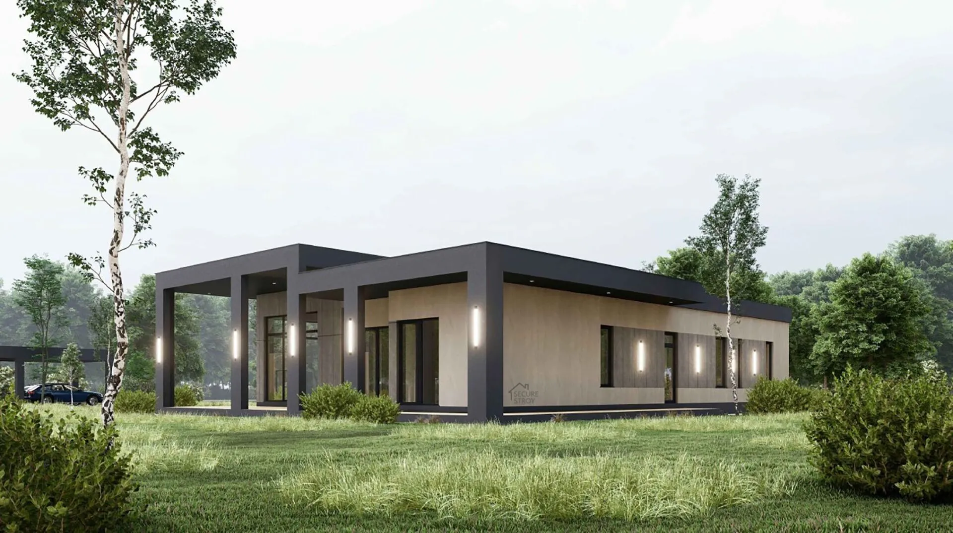 Одноэтажный дом в современном стиле с гаражом на 2 авто SS-303