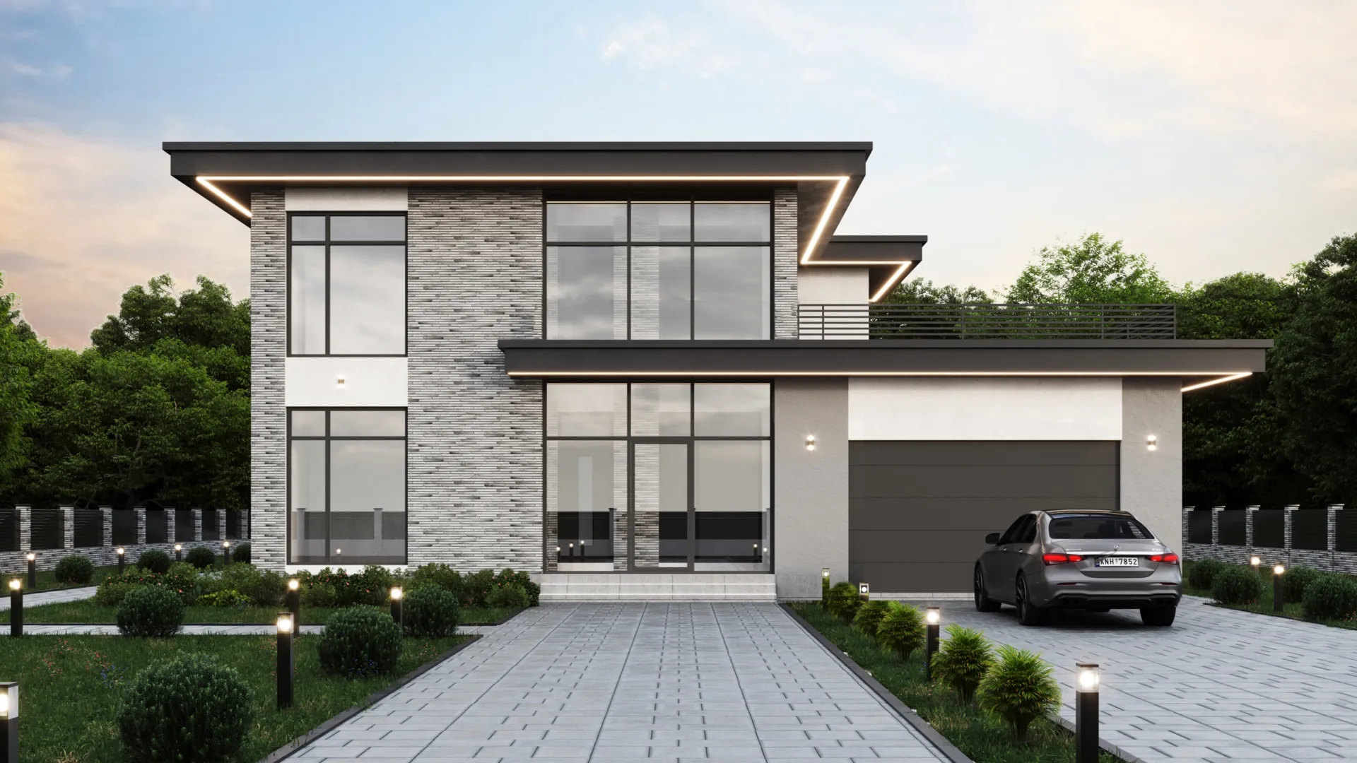 Двухэтажный дом в стиле Хайтек №1с гаражом