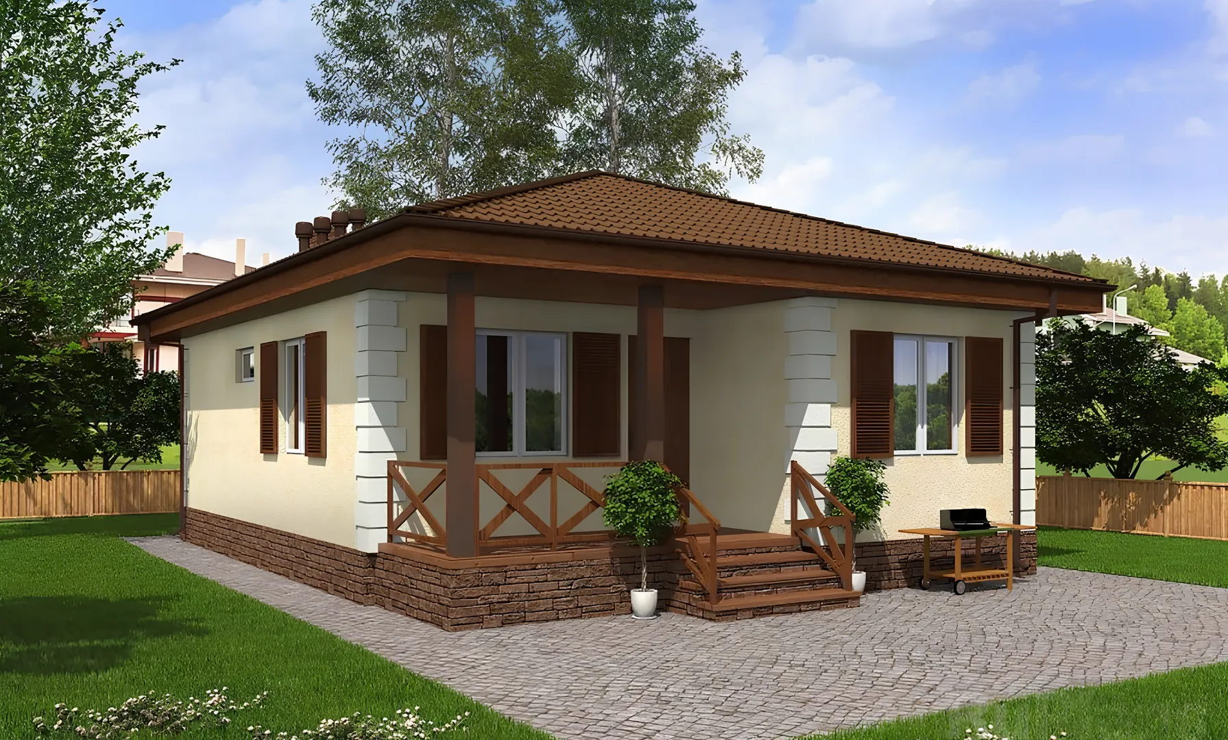 Одноэтажный дачный дом с террасой и 1 спальней