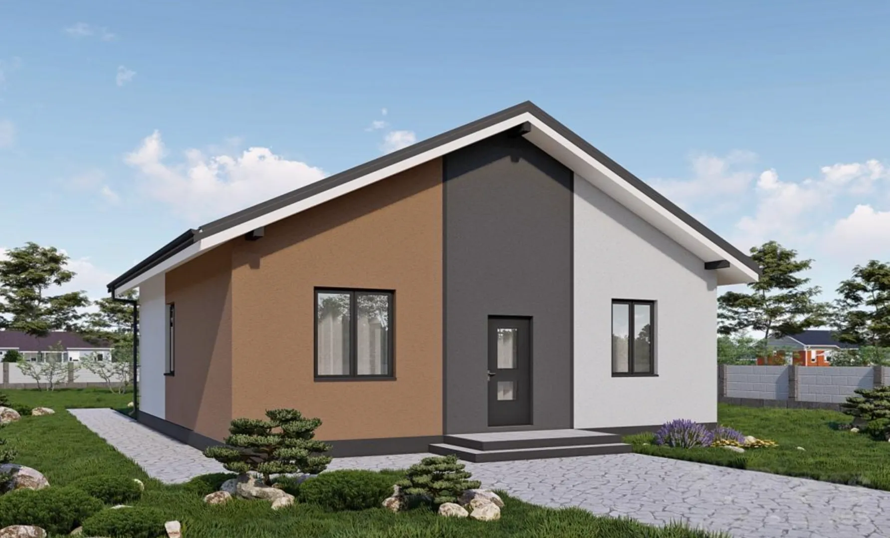 Одноэтажный дом с тремя спальнями и двухскатной кровлей