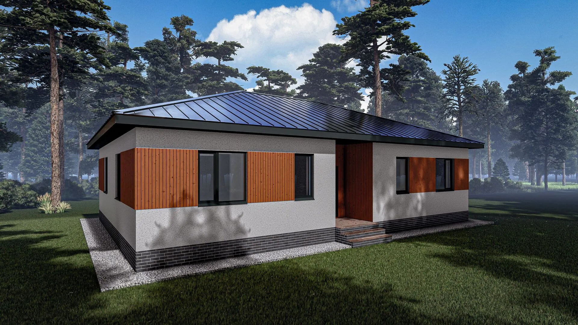 Одноэтажный дом с четырехскатной крышей