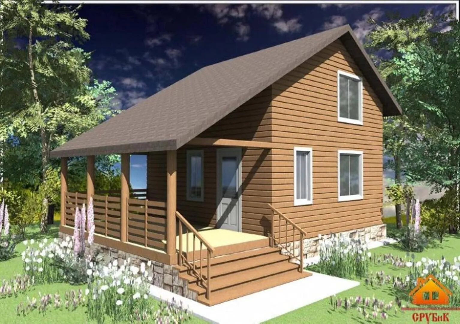 Двухэтажный дом из калиброванного бревна с террасой