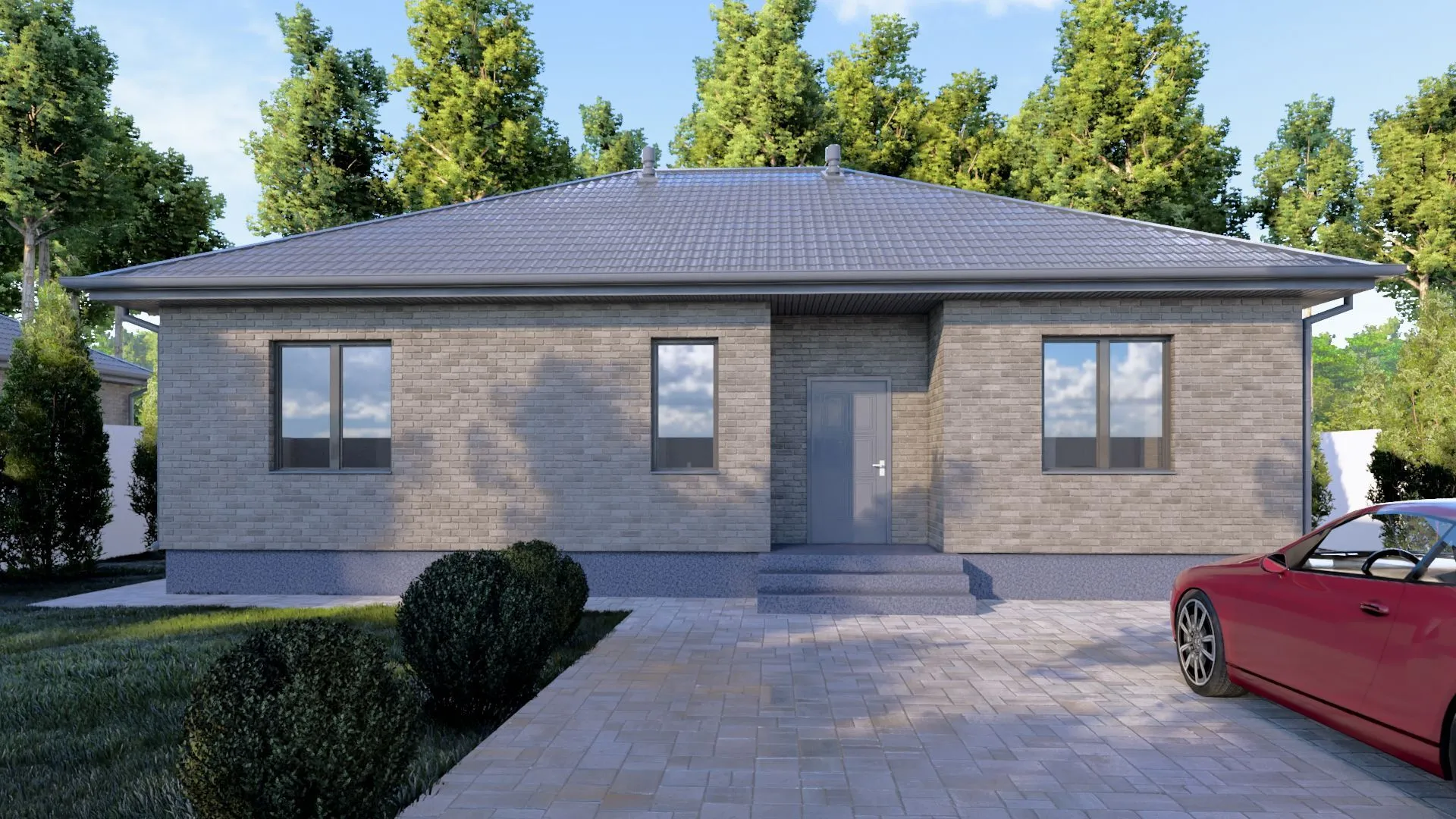 Одноэтажный кирпичный дом BUSINESS - 131 m2 Серый облицовочный кирпич