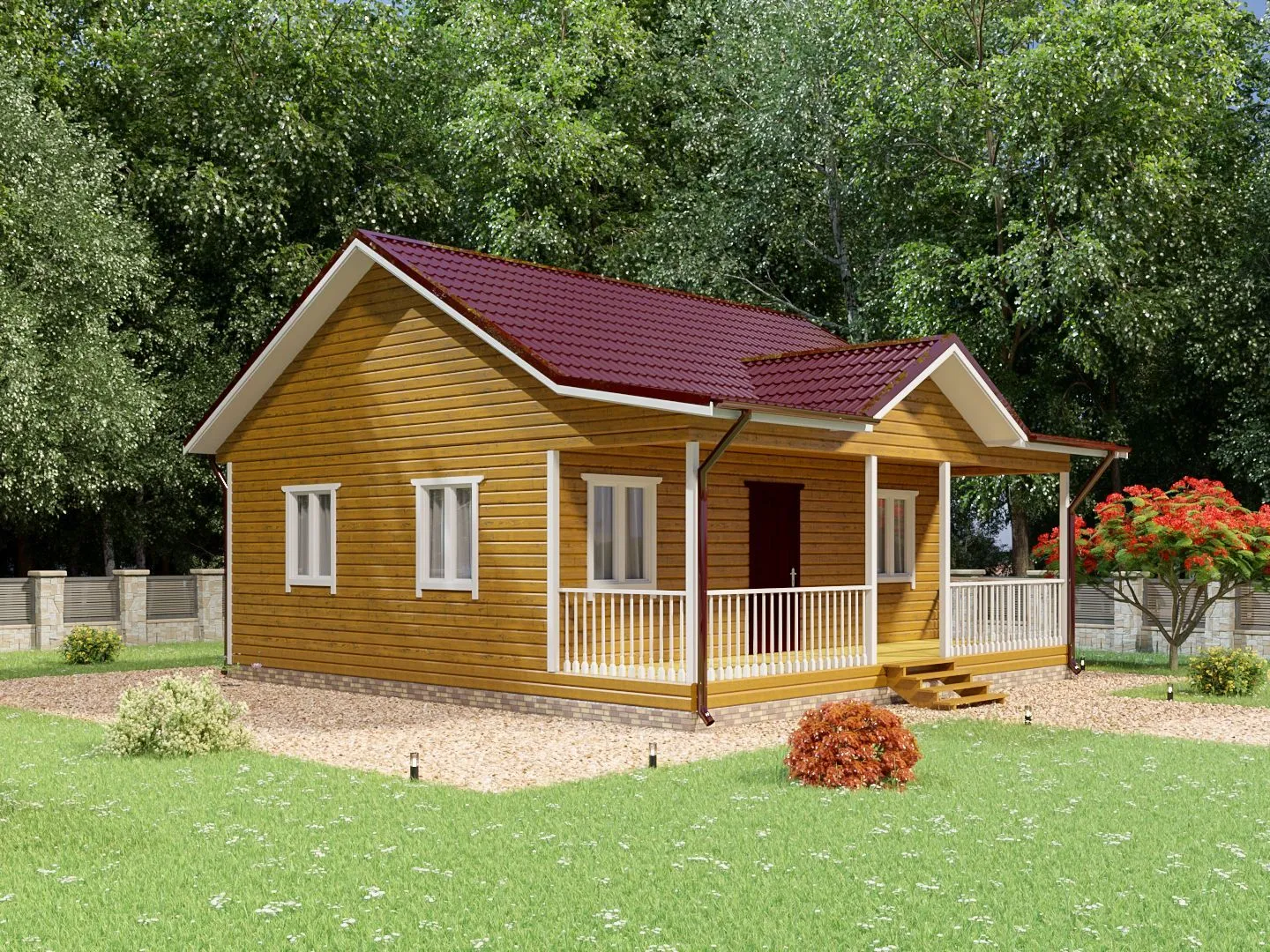 Одноэтажный каркасный дом с большой террасой