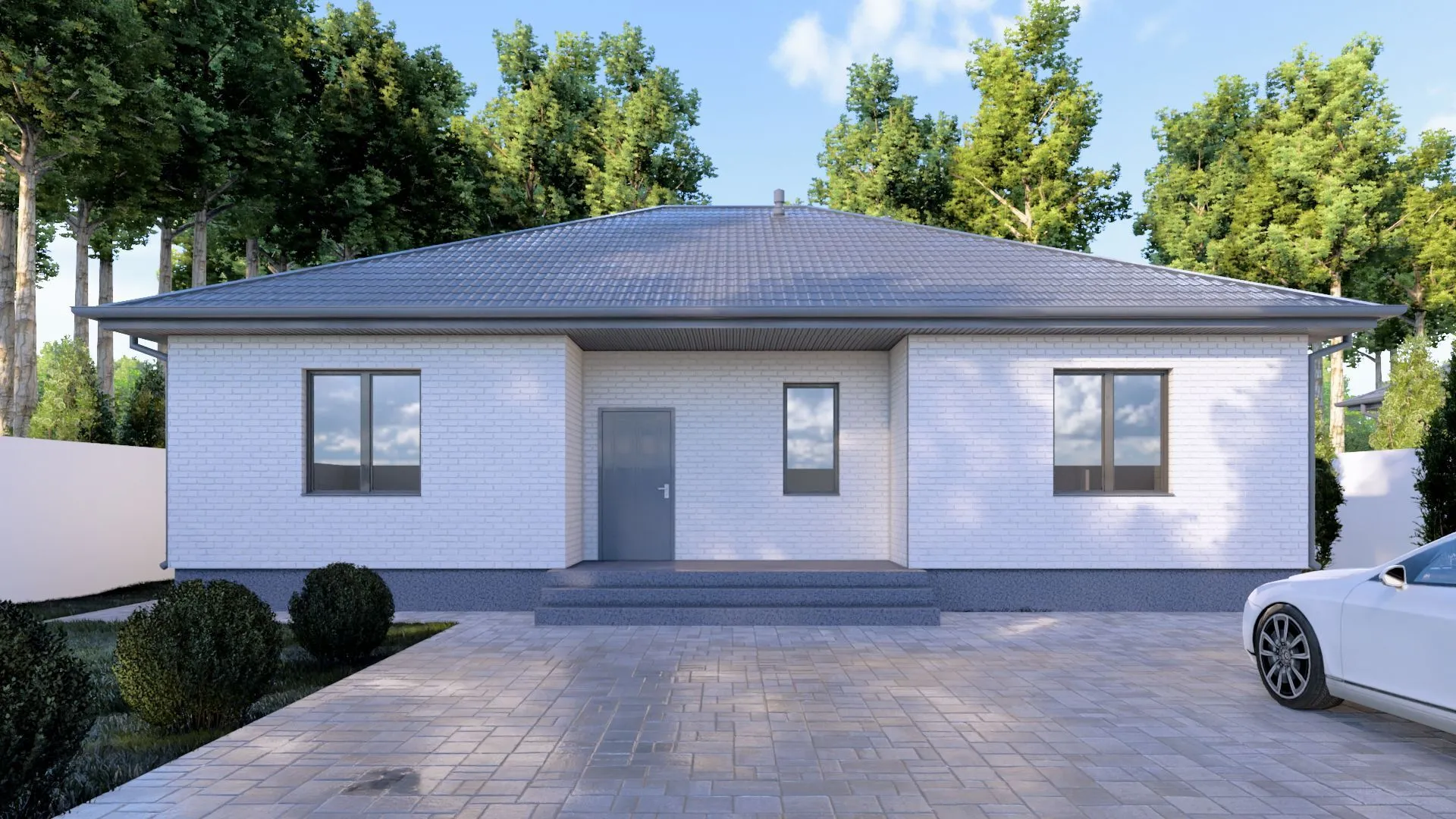 Одноэтажный кирпичный дом PREMIUM - 158 m2 Белый облицовочный кирпич