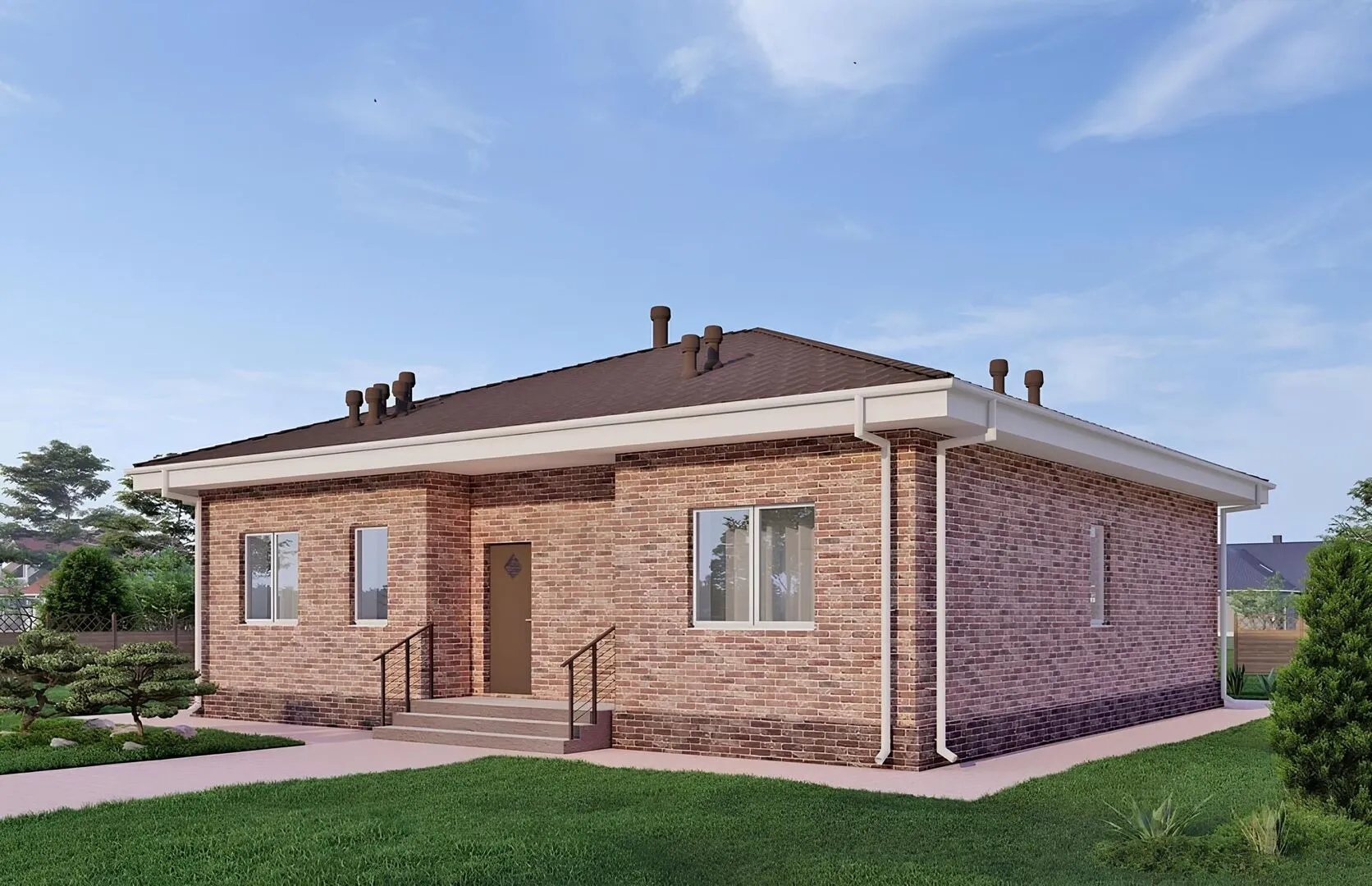 Одноэтажный дом с тремя спальнями, камином и террасой