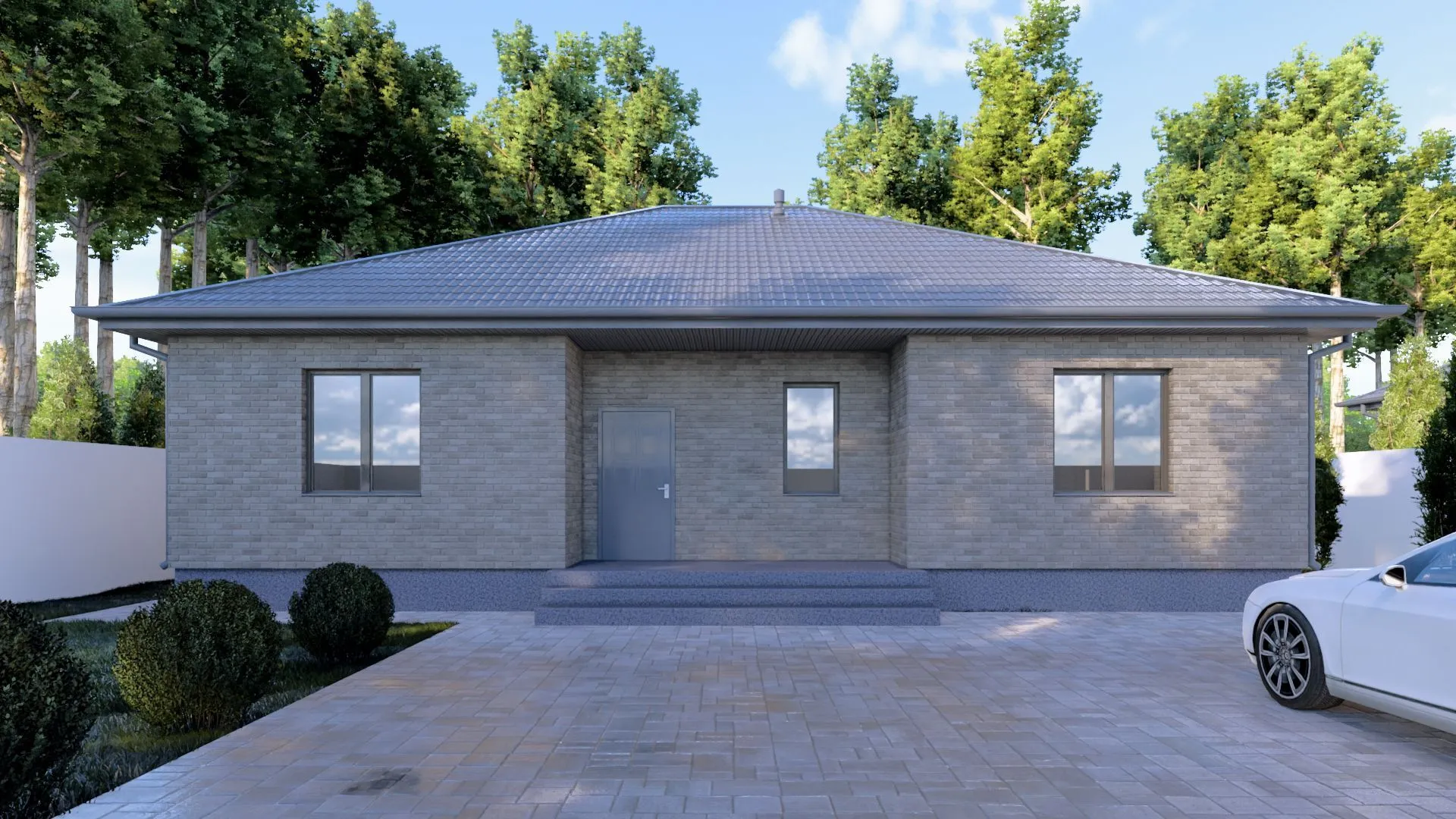 Одноэтажный кирпичный дом PREMIUM - 158 m2 Серый облицовочный кирпич