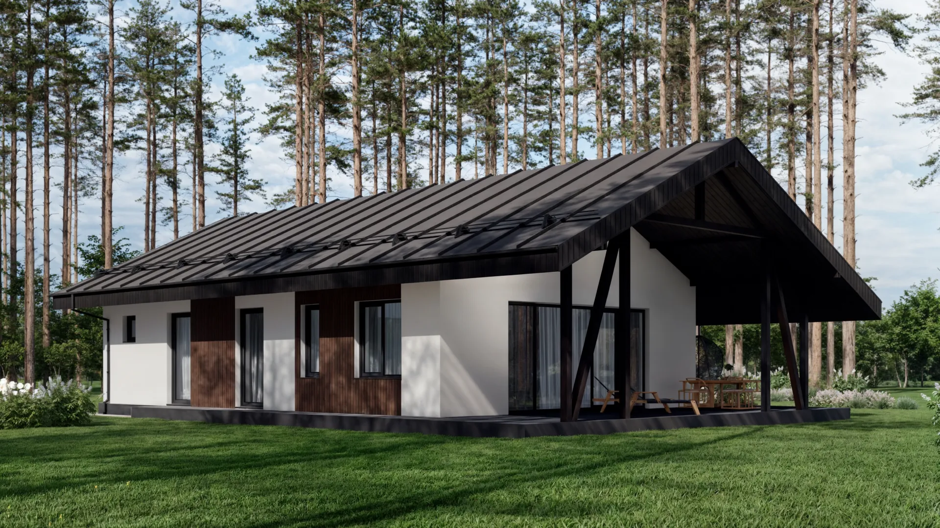 Одноэтажный жилой дом 133м2 с крытой террасой.