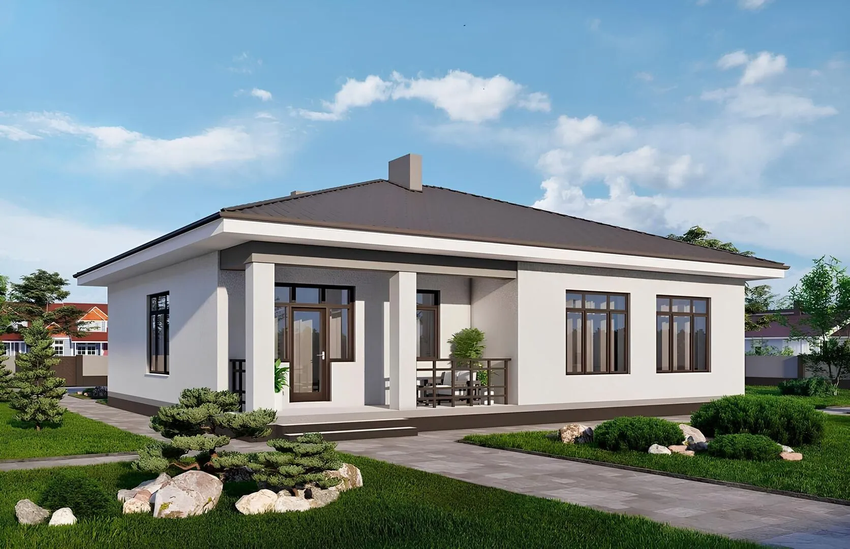 Одноэтажный дом с террасой, тремя спальнями и отделкой штукатуркой