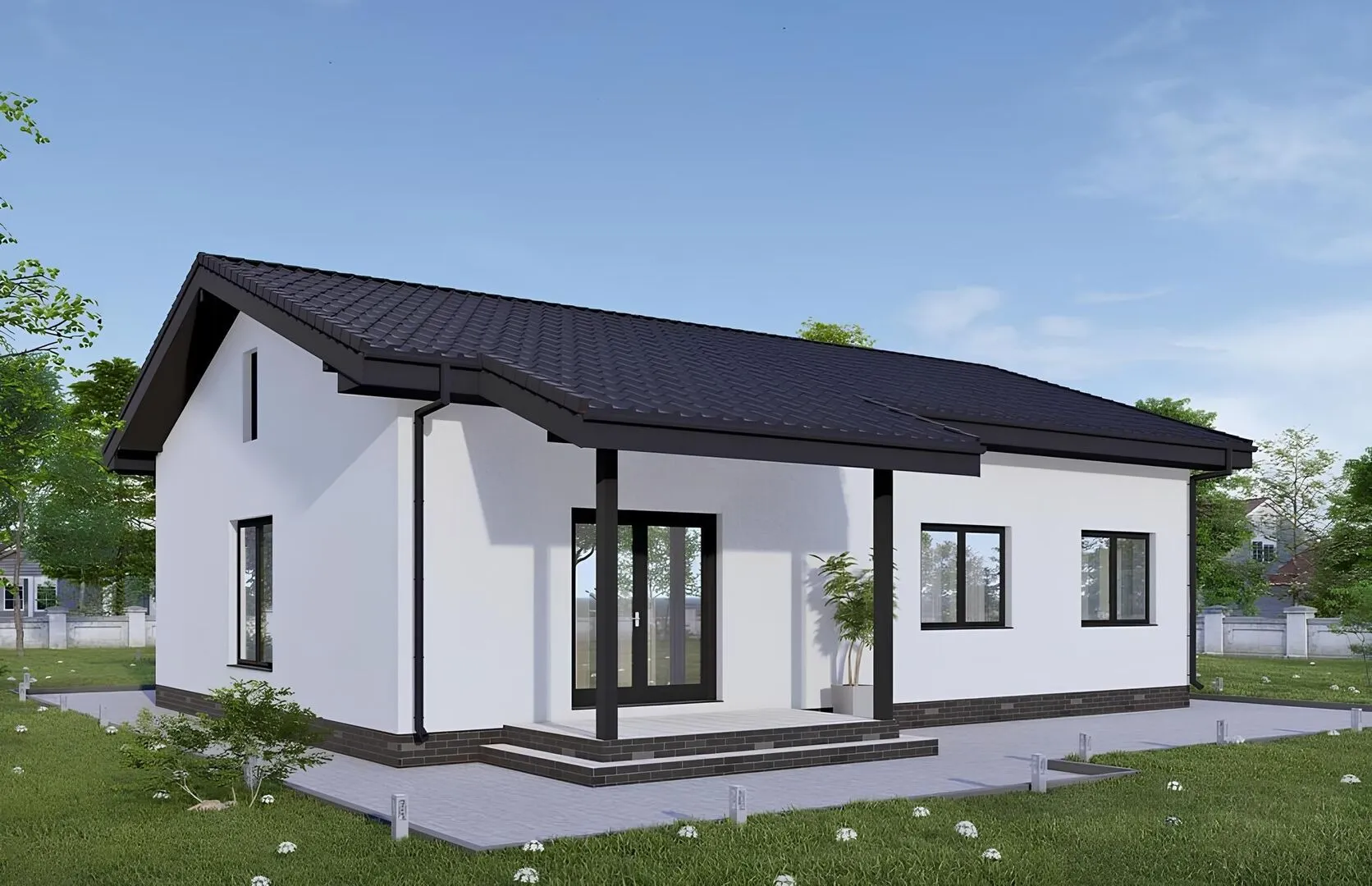 Одноэтажный дом с двумя крыльцами и 3 спальнями р181