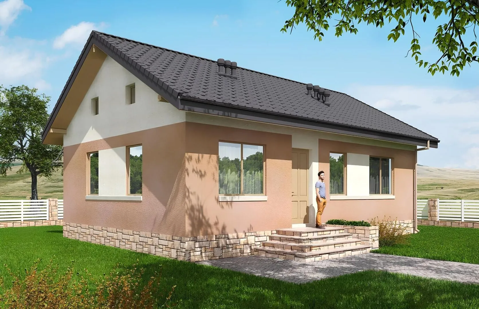 Одноэтажный жилой дом c тремя спальнями и крыльцом