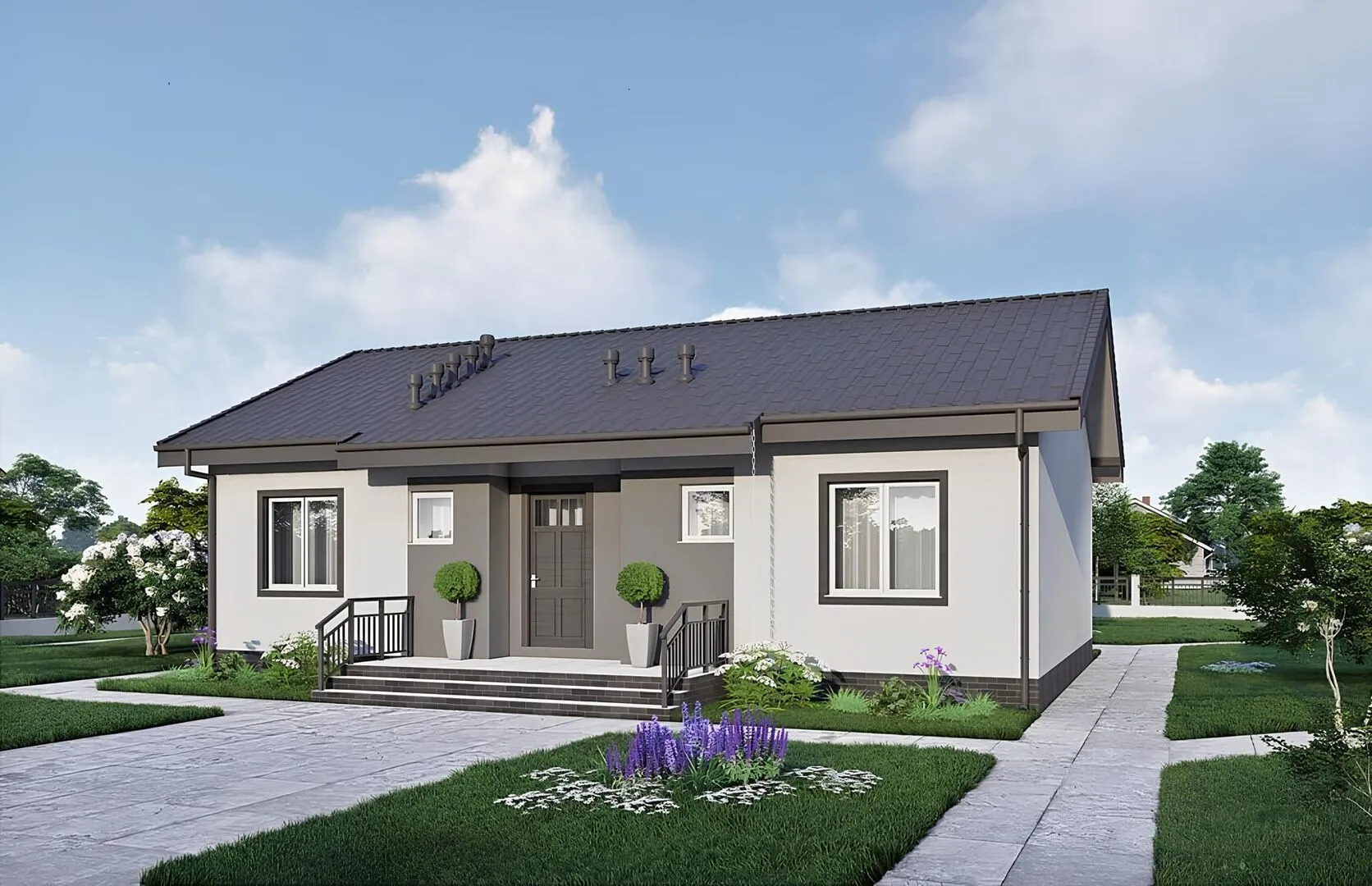 Одноэтажный дом с террасой, 3 спальнями и отделкой штукатуркой