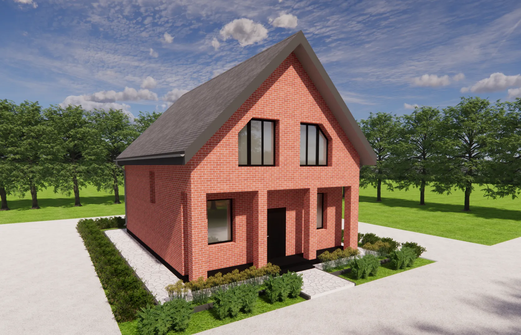 Бюджетный двухэтажный дом с балконом, панорамными окнами