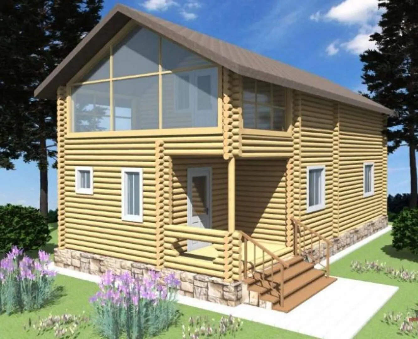 Двухэтажный дом из бревна с балконом