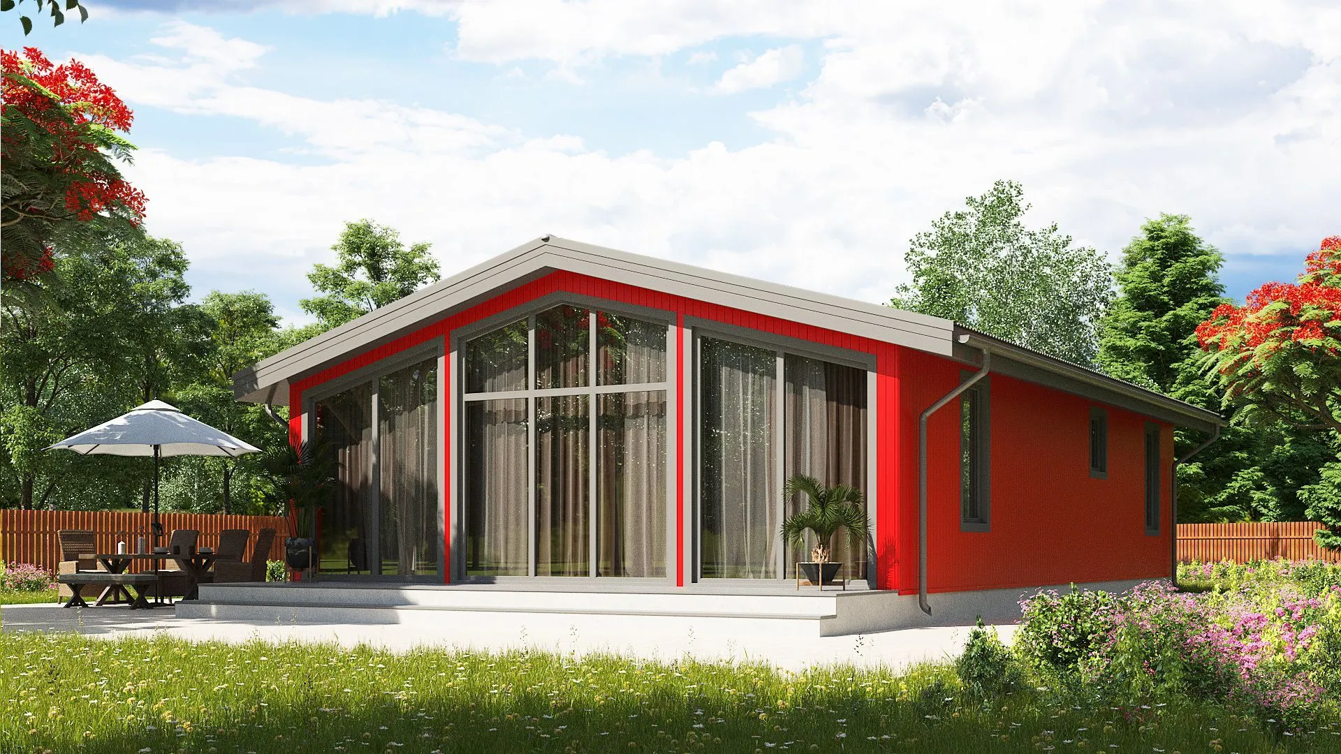 Одноэтажный каркасный дом с тремя спальнями и большой гостиной 7033