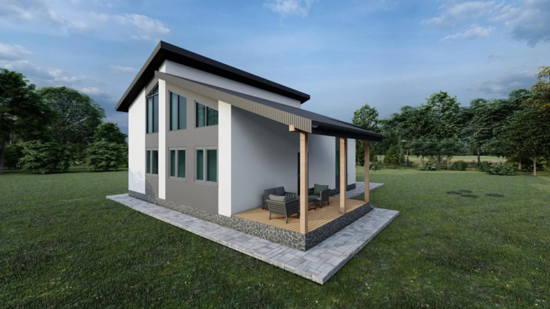 Коттедж Г-261124 со вторым светом, террасой и навесом