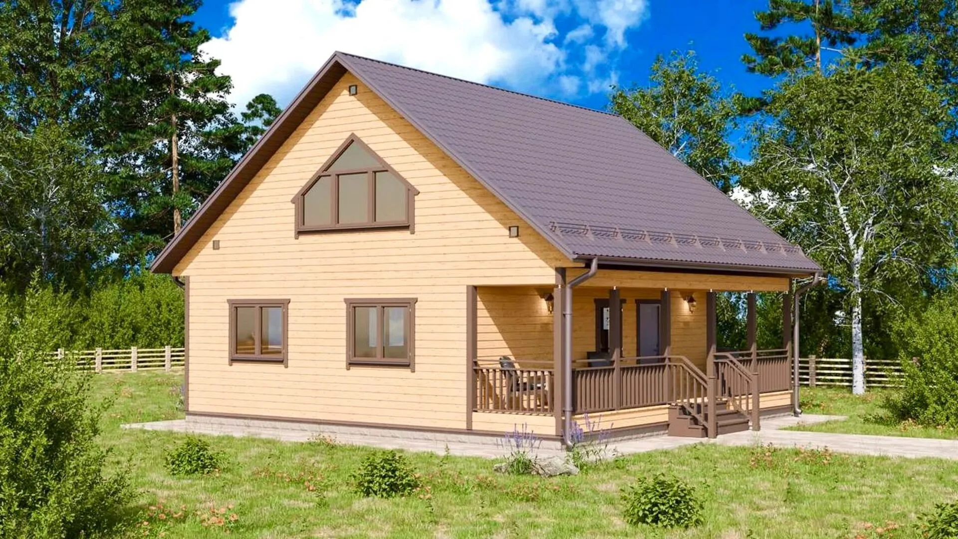 Дом из бруса с террасой и мансардным этажом