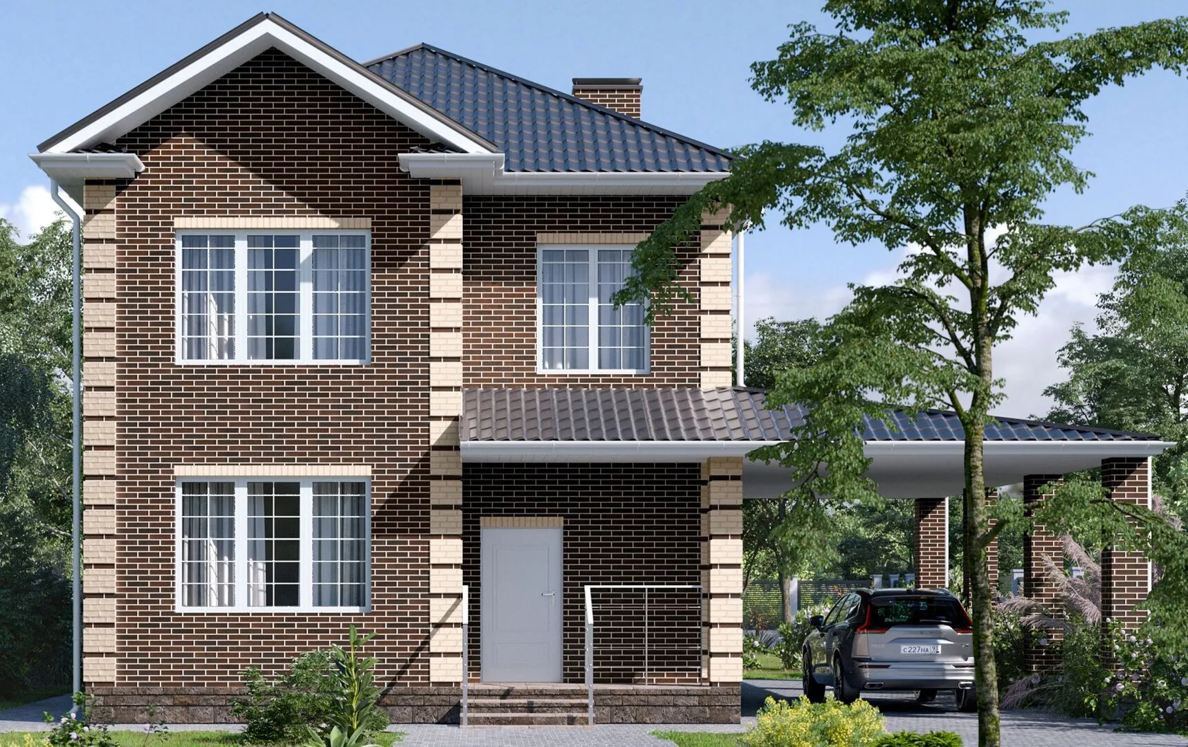 Проект Двухэтажный дом с навесом БРАИТ-32Г