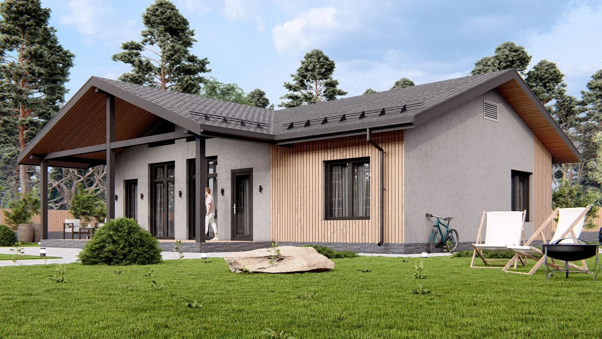 Одноэтажный дом с террасой