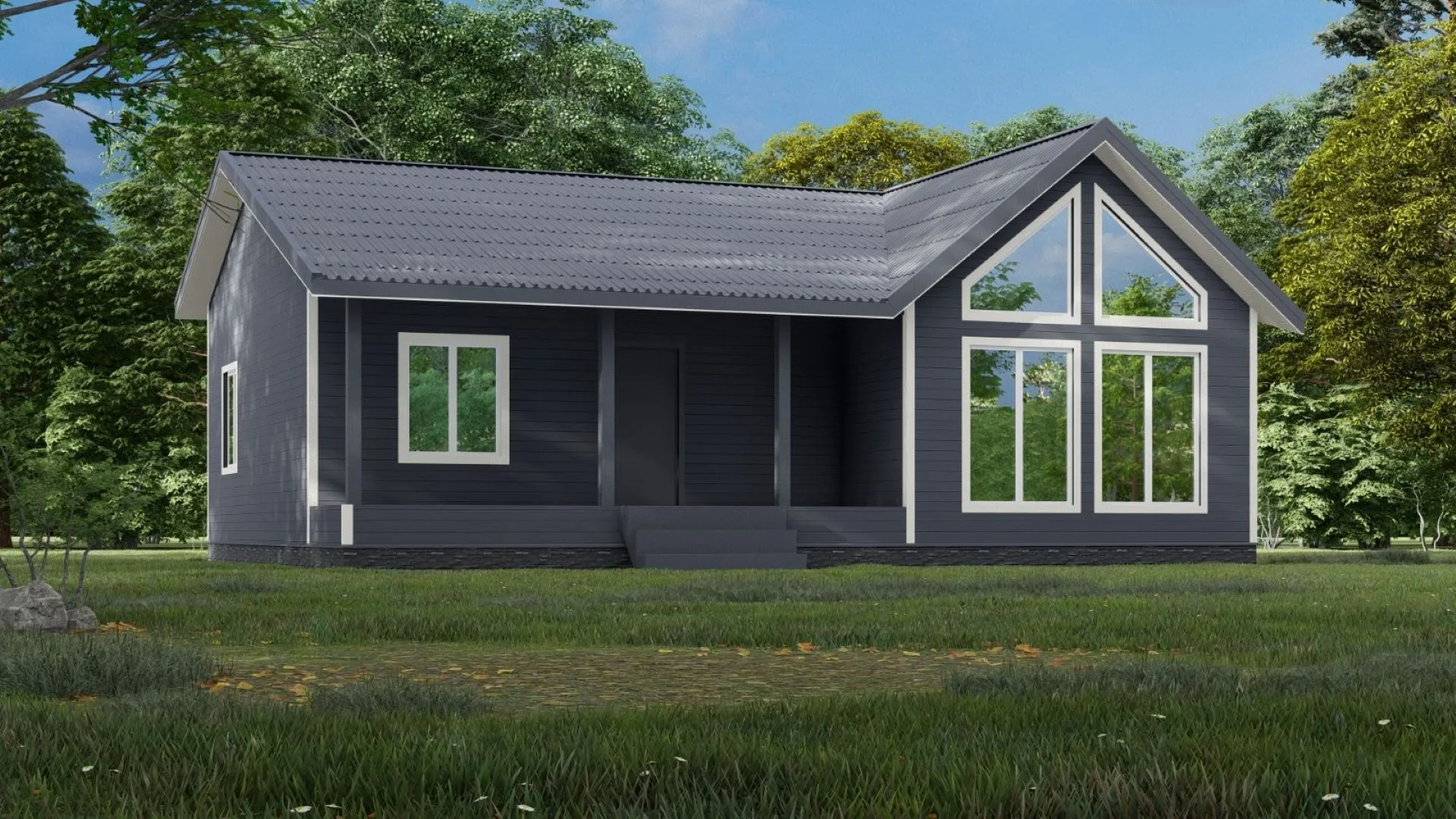 Одноэтажный дом с панорамными окнами и террасой