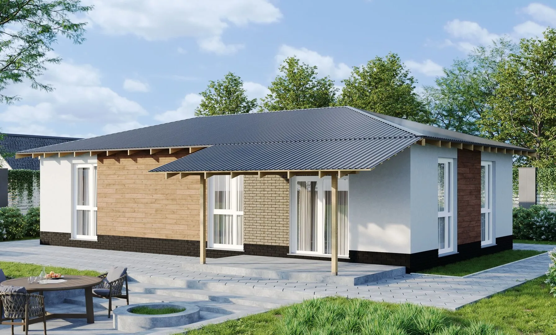 Проект Каменный одноэтажный дом с террасой 