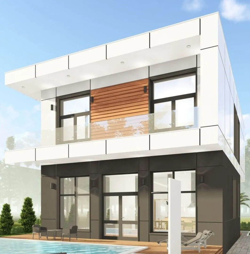 Проект дома с большой террасой и навесом для автомобиля S-158