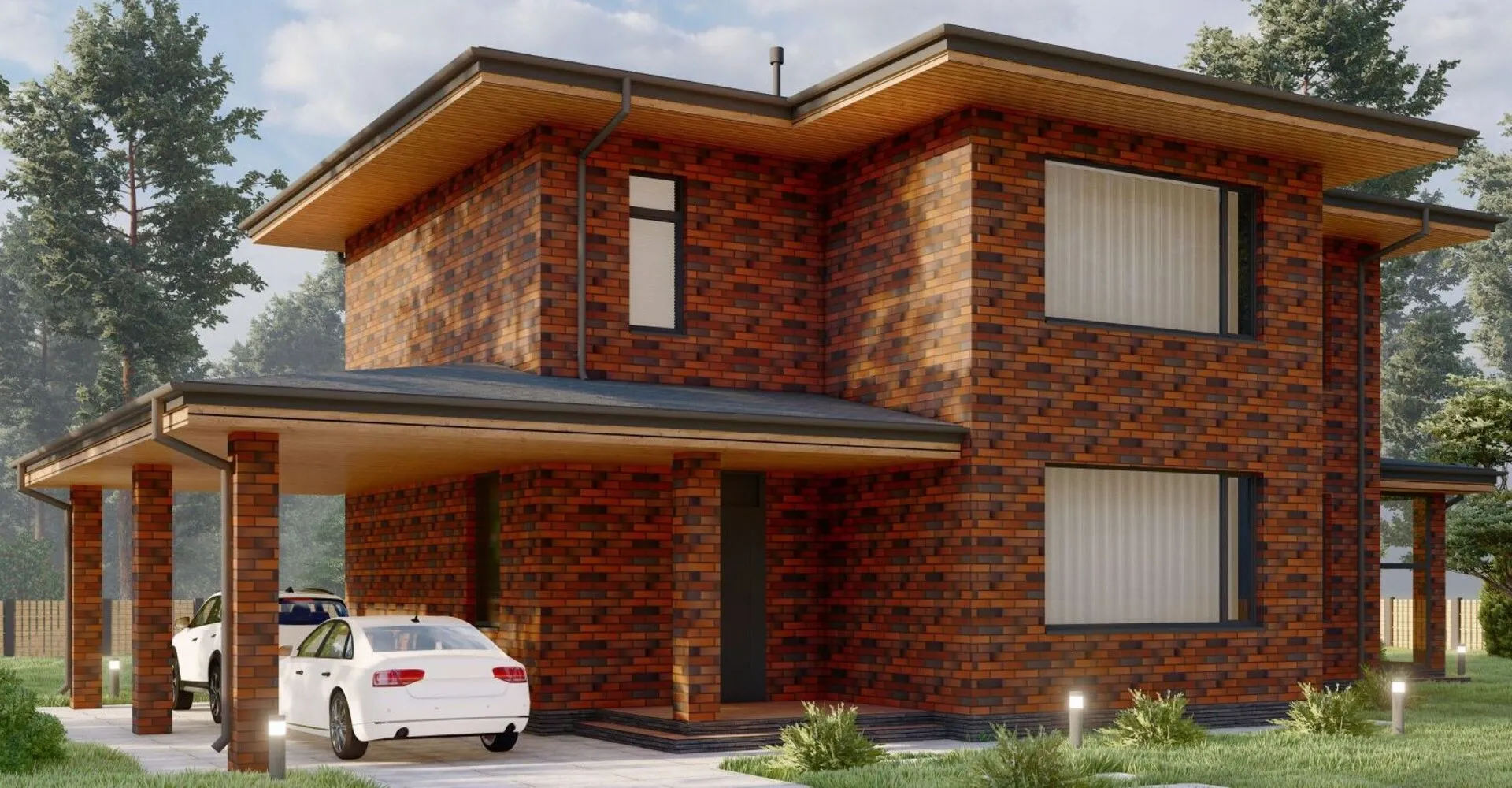 Двухэтажный дом с облицовкой кирпичом в стиле Райт S-201