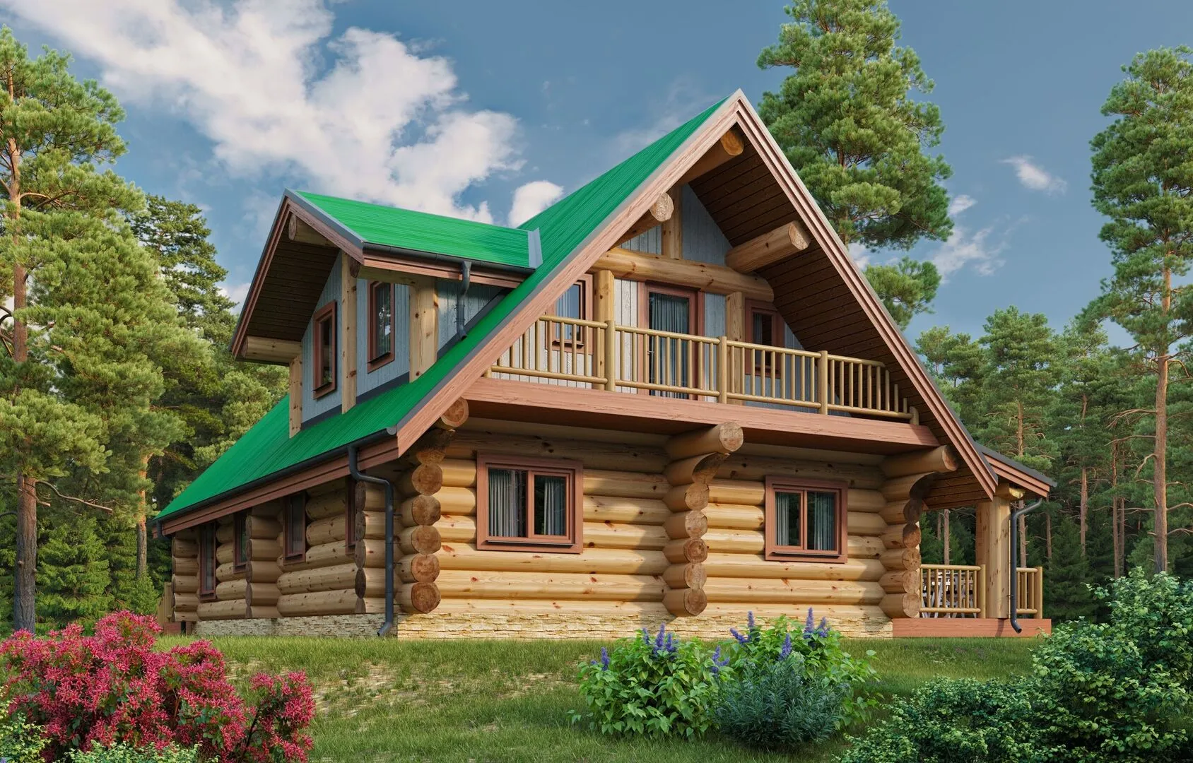 Двухэтажный бревенчатый дом 