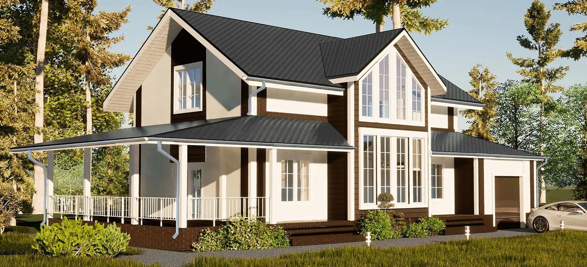 Двухэтажный дом со вторым светом, террасой и гаражом.