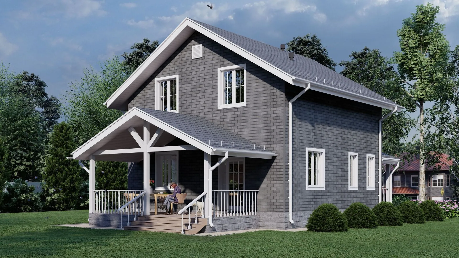 Дом двухэтажный мансардный КД-31 8х8 с террасой и крыльцом