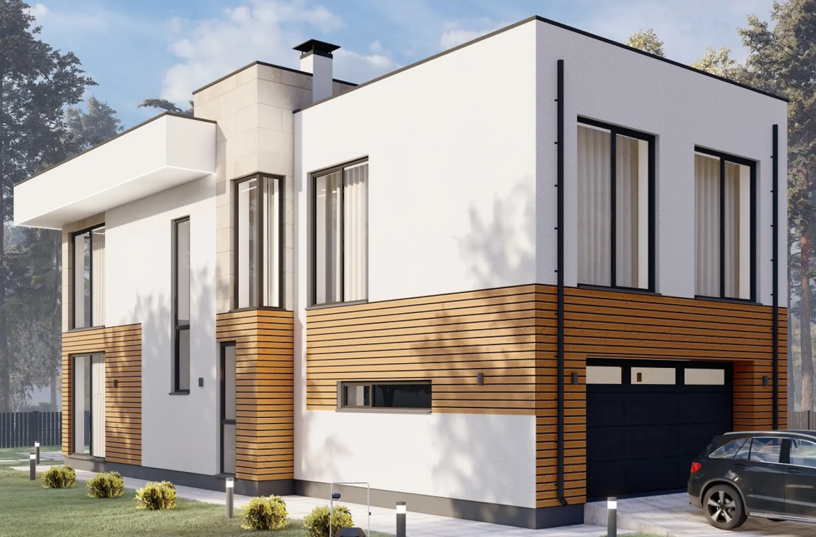 Коттедж в стиле хайтек с гаражом на две машины S-269