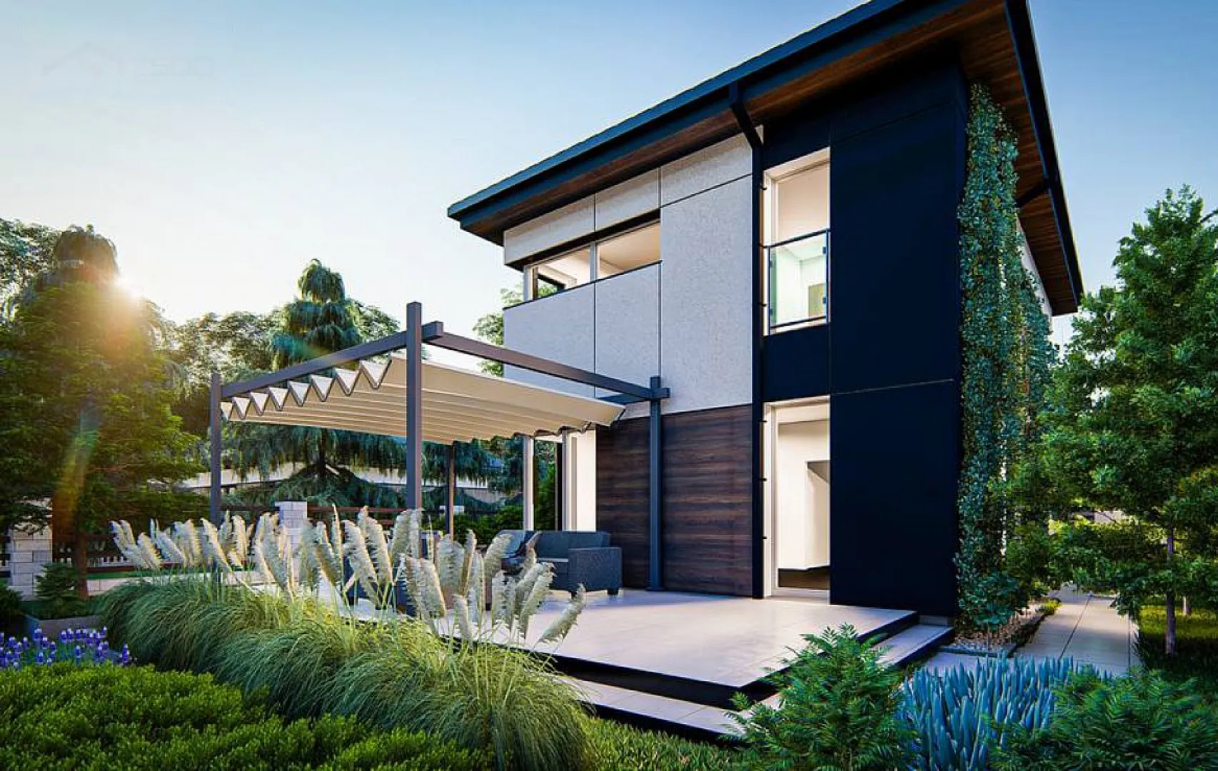 Небольшой двухэтажный дом с уютной перголой S3-97-2 (Z489)