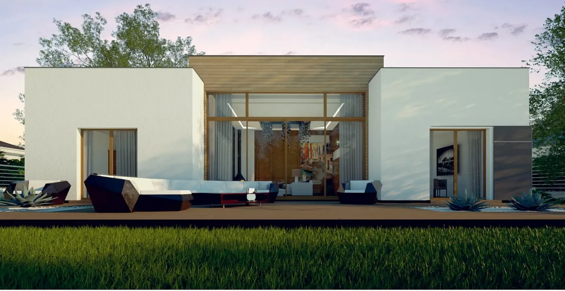 Одноэтажный дом в стиле хай-тек с просторной гостиной s3-145-1 (Zx111)