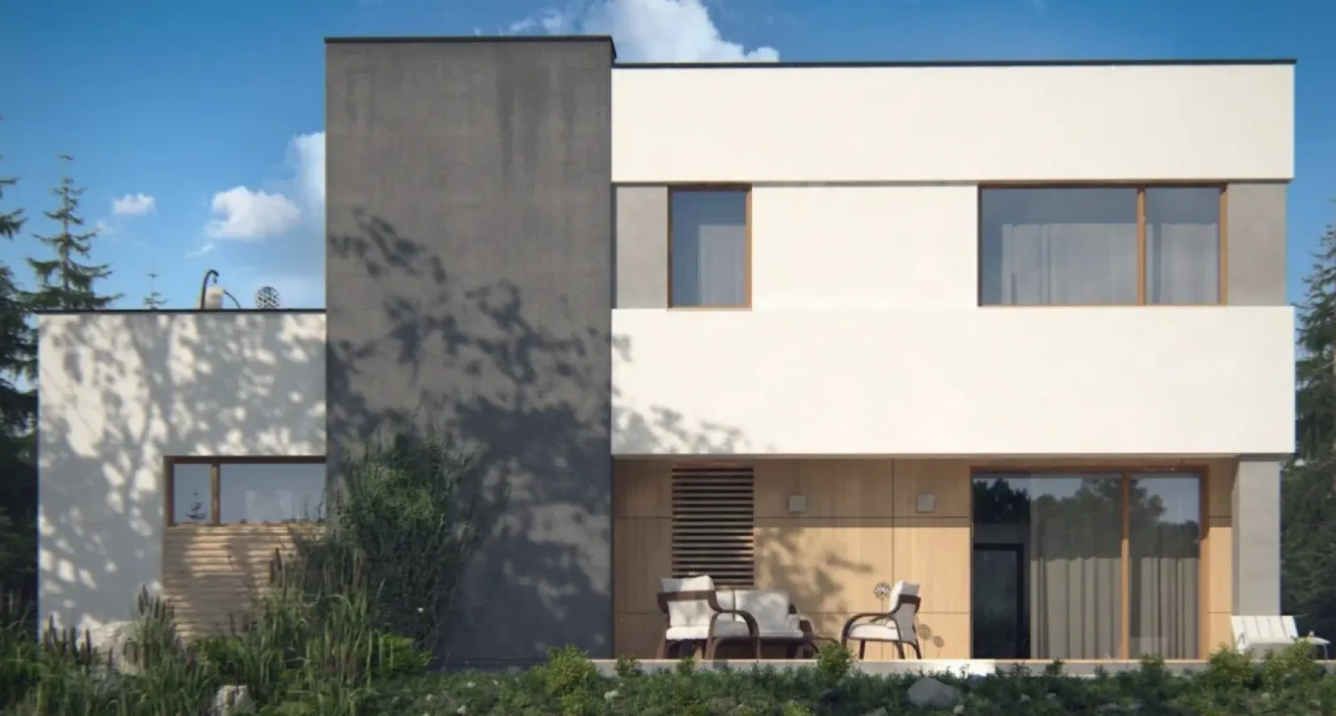 Загородный коттедж с камином в стиле хайтек S3-147-4 (Zx59)