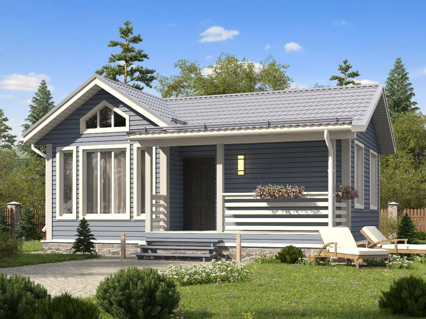 D17: Одноэтажный дом 8х9 с 3мя фронтонами со 2м светом