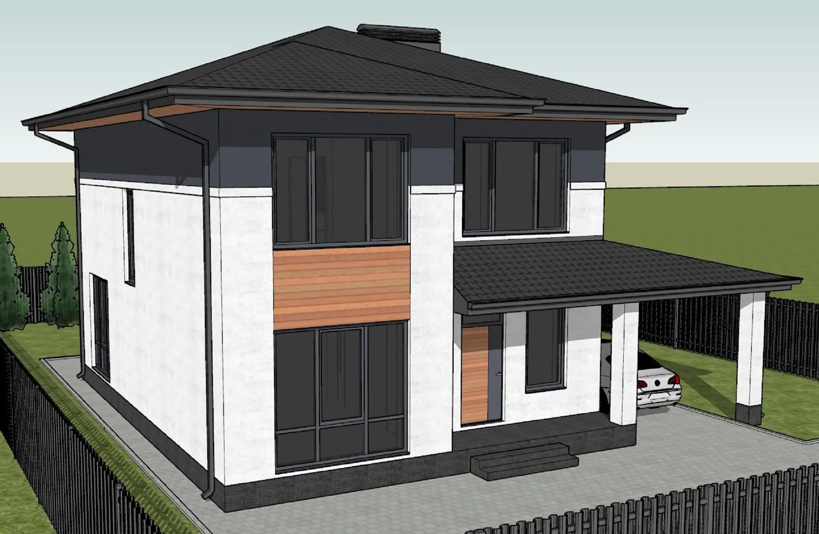 Двухэтажный дом с навесом для авто №370-1